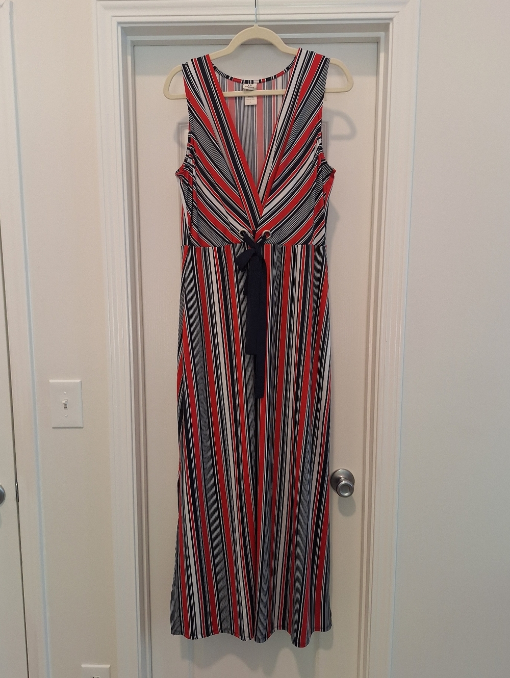 Wrapper Striped Dress in Coral, Navy & White